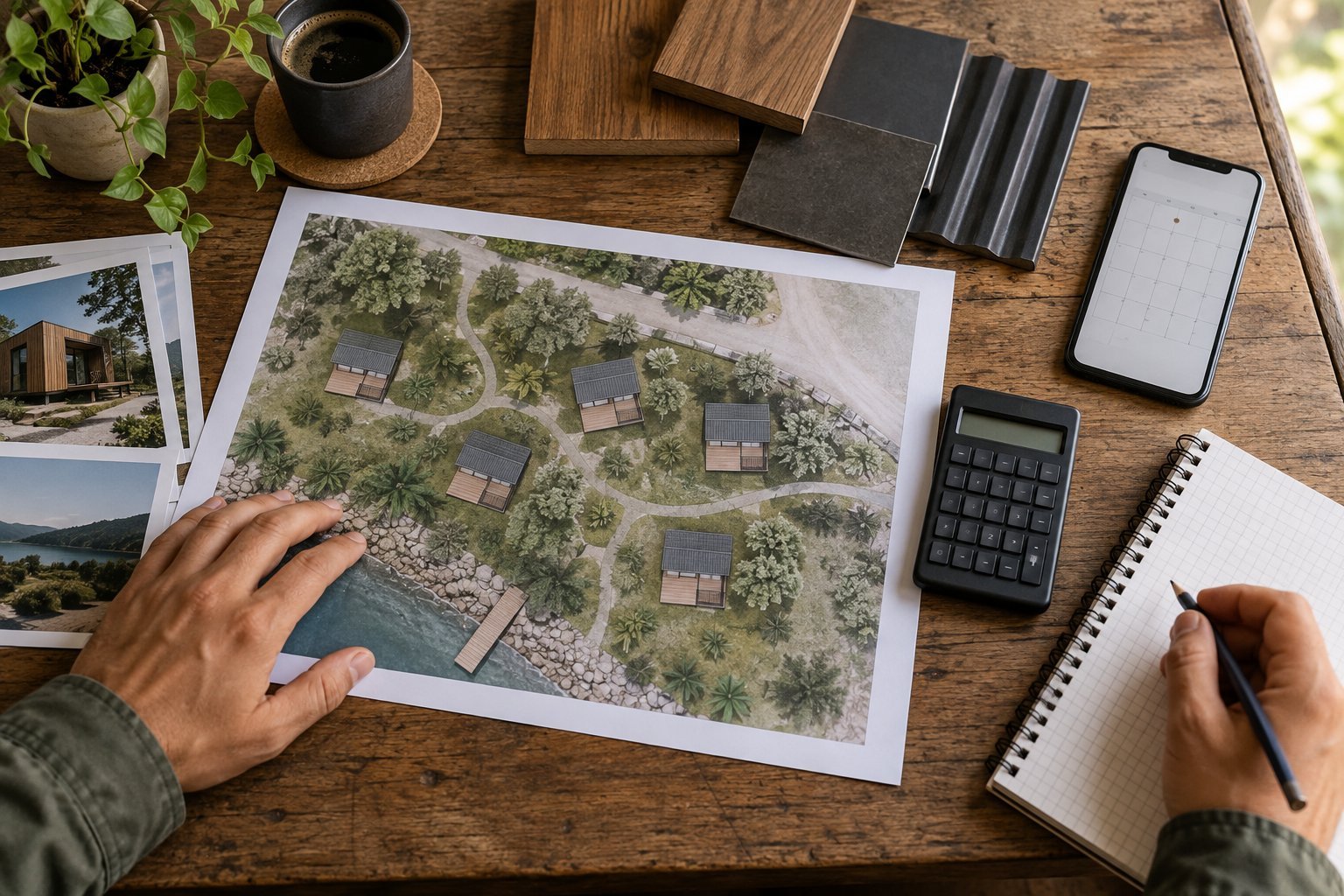 Cena conceitual de estudo de implantação com planta de terreno, amostras de materiais e calculadora sobre uma mesa